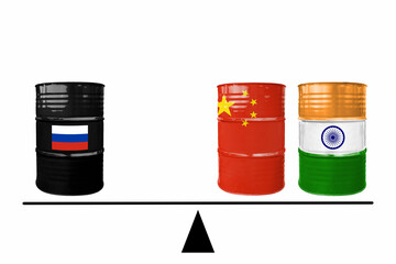Crude oil barrels  with Russia, China and India flags