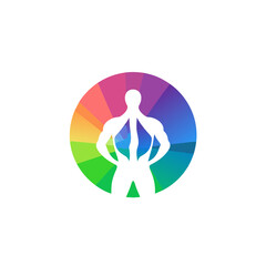 Vector of a man standing in front of a rainbow circle