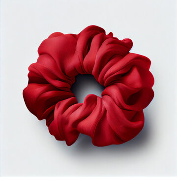 Red hair scrunchie, a fabric-covered elastic band used for fastening hair, isolated on a white background Ai generated image