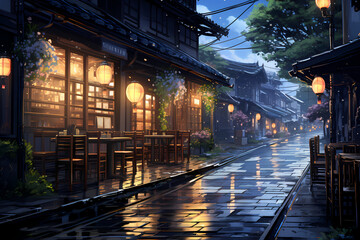 Fototapeta na wymiar view of the restaurant and the street, anime style