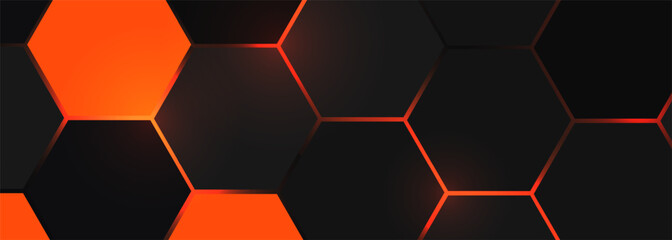 Dark hexagonal gaming abstract vector background with orange bright flashes under hexagon. Hexagonal gaming abstract vector wide banner.