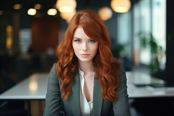Obraz premium Close up of a redhead businesswoman with her workspace on the background. Generative AI