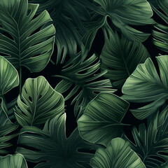 Tropical jungle leaves background, banner with green floral pattern. Palm leaves on dark background in a garden. Design for fabric , print, cover, banner and invitation Generative AI