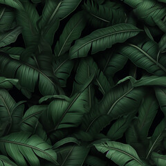 Tropical jungle leaves background, banner with dark green floral pattern. Palm leaves on dark background in a garden. Design for fabric , print, cover, banner and invitation Generative AI