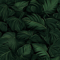 Tropical jungle leaves background, banner with dark green floral pattern. Palm leaves on dark background in a garden. Design for fabric , print, cover, banner and invitation Generative AI