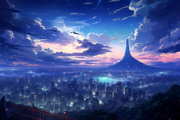 city ​​view at night anime style
