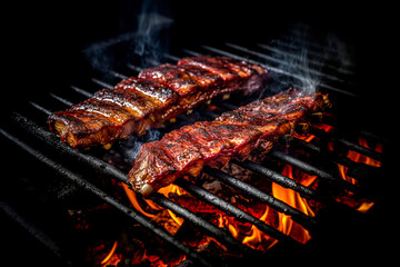 pork ribs cooking on a bbq grill. - obrazy, fototapety, plakaty