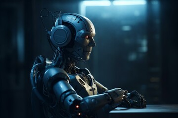 Fototapeta na wymiar Robo listening to music. Generative AI