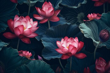 Exotic lotus flower pattern on navy blue background with pink accents. Generative AI