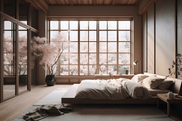 Luxurious and cozy Japandi bedroom with cherry blossom views, minimal modern design, staged furniture and large windows. Generative AI