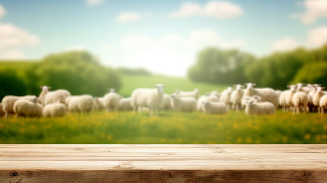 wooden table top with blur background of sheep pasture