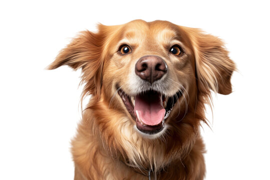 Studio close-up photo of an older mixed breed dog with a light brown coat, displaying a joyful expression, captured on a plain transparent background.