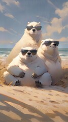 Obraz premium Animals wearing sunglasses on the beach illustration, postcard, portrait, ai
