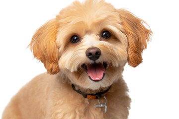 Delight can be seen on the face of a charming little dog, which has a golden coat. This maltipoo dog stands alone against a transparent background, capturing the essence of motion, beauty, veterinary