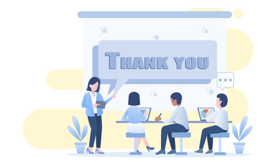 Business people discussion in meeting room. They exchange ideas, analyze data, and strategy for business growth. Presentation slide show "Thank you" in agenda meeting. Flat vector design illustration.