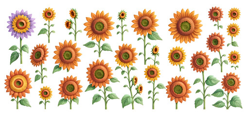 Set of watercolor sunflower 3D style on transparent background,generative ai