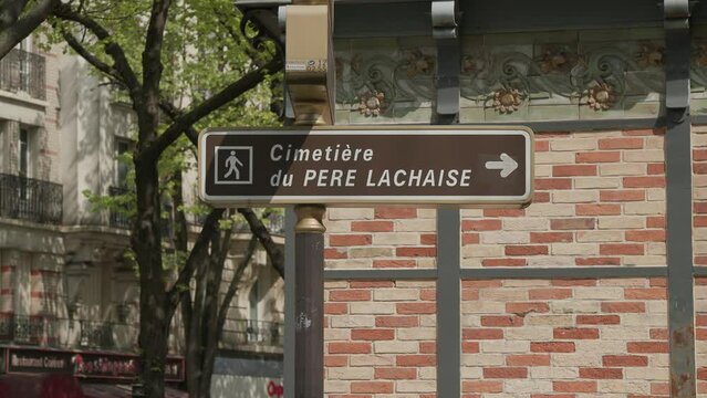 sign to Pere Lachaise cemetery in Paris, France