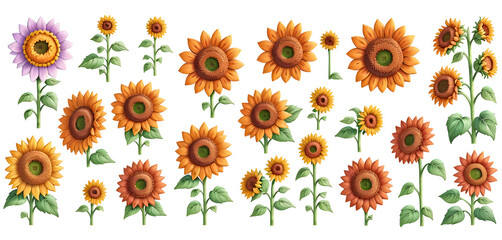 Set of watercolor sunflower 3D style on transparent background,generative ai