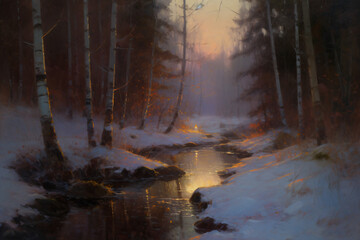 A serene winter landscape with a flowing stream in a snowy forest Generative Ai
