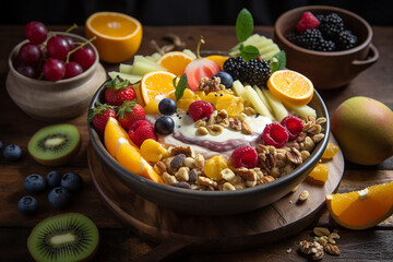 Fototapeta na wymiar Greek Yogurt Bowl with Fresh Fruit and Seeds, High Protein Low Fat Recipe generative AI technology