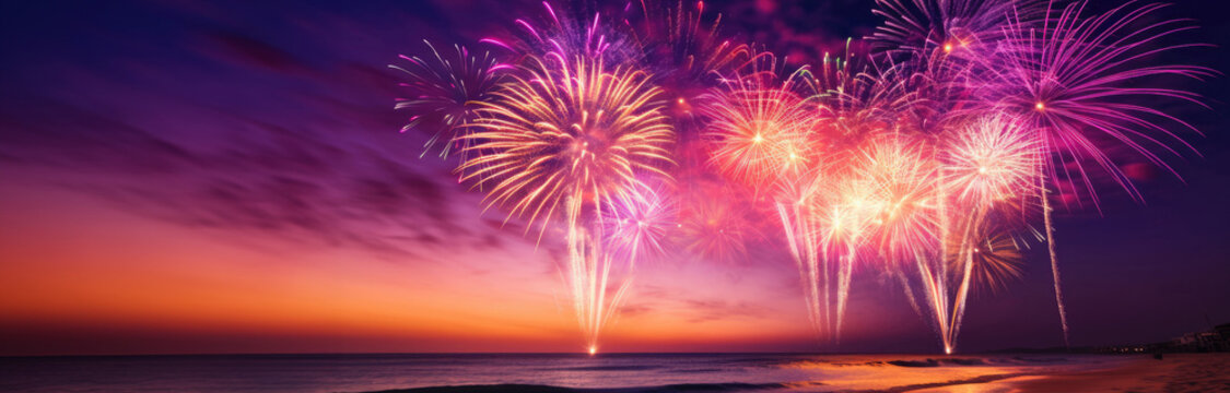 Purple, orange, white fireworks above water with reflection on the black sky background. New Year, wedding beach celebration. American holiday. Panoramic