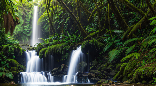 Waterfall in Rainforest, Nature, Park, Mountain, Generative Ai. © Hugo Leonardo