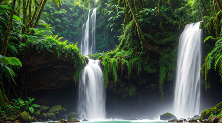 Obraz premium Waterfall in Rainforest, Nature, Park, Mountain, Generative Ai.