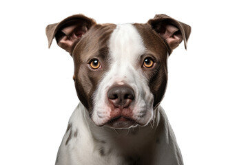 A studio photograph shows a rescue pit bull with brown and white fur, posing in a headshot portrait. The dog is facing straight ahead and the backdrop is a pale gray color.