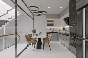 modern dining room with table, kitchen. 3d render.