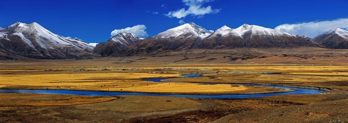 panorama of holy mountains and river in Tibet