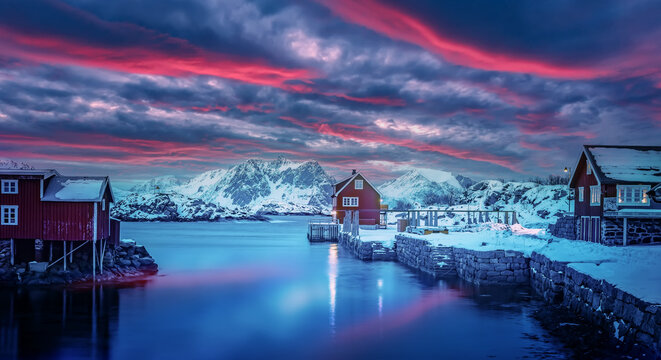 Ballstad port with colorful sky. Amazing winter sunset on Lofoten Islands, Norway,