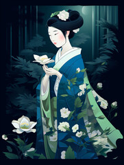 A woman in a kimono holding a flower flat design vector style illustration Generative Ai