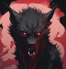 A menacing black wolf with glowing red eyes and sharp fangs flat design vector style illustration Generative Ai