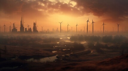 Wind turbines at a wind farm and in the distance a polluted city is seen. Generative AI