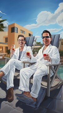 Caricature realistic. 2 people in white bathrobes sitting on lounge chairs in an outdoor spa, toasting. Generative AI