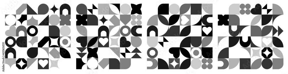 Poster black and white abstract shapes set of seamless pattern. geometric backgrounds in trendy retro bauha