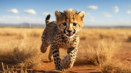 baby cheetah learning to run on the vast grassy plains, created with generative ai - obrazy, fototapety, plakaty