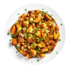Stuffing Or Dressing On White Plate, Directly Above View On Isolated Transparent Background, Png. Generative AI