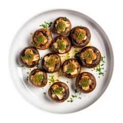 Stuffed Mushrooms On White Plate, Directly Above View On Isolated Transparent Background, Png. Generative AI