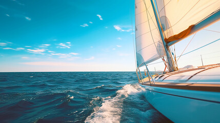 Sailing boat at open sea in sunshine