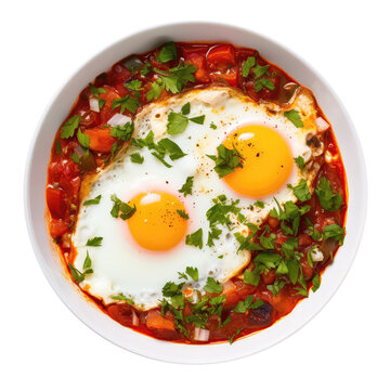 Shakshuka On White Plate, Directly Above View On Isolated Transparent Background, Png. Generative AI