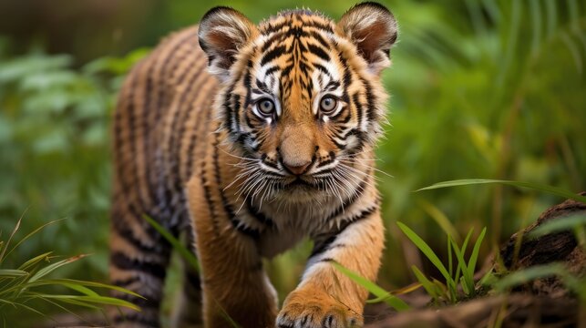 bengal tiger cub curiously exploring a tranquil meadow, created with generative ai