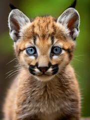 Plakat close-up of a cougar kittens face its eyes focused, created with generative ai