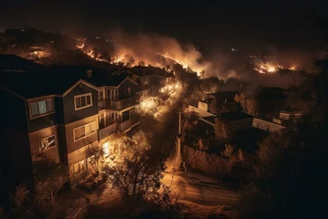 Fotobehang Nighttime California wildfire encroaches on residential neighborhood. Generative AI © Aeris