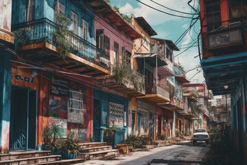 Vibrant urban landscape painting inspired by Cuban culture. Generative AI - obrazy, fototapety, plakaty