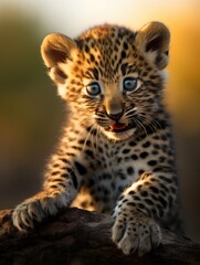 close-up of a leopard cub licking its paw, created with generative ai