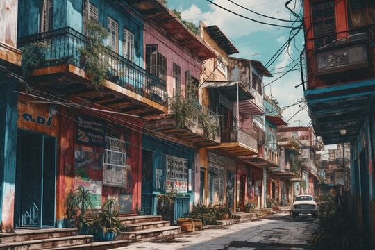 Vibrant urban landscape painting inspired by Cuban culture. Generative AI