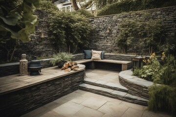 Recently constructed outdoor stone seating area in UK backyard. Generative AI