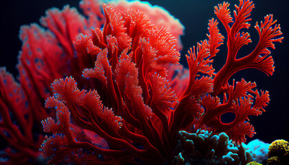 coral reef with coral. Close up of a red coral reef under the sea Ai generated image