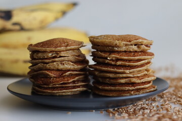 Khapli wheat plantain pancake. A healthy version of pancakes made of emmer wheat flour, ripe plantain, sweetened with jaggery